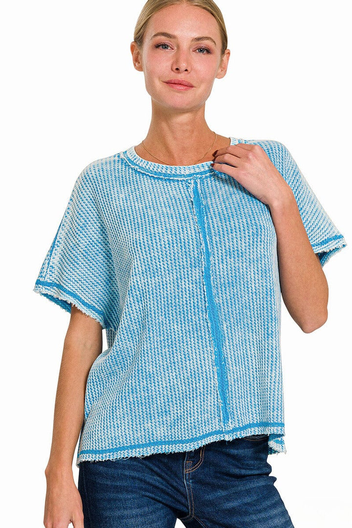 Zenana Washed Baby Waffle Short Sleeve Top