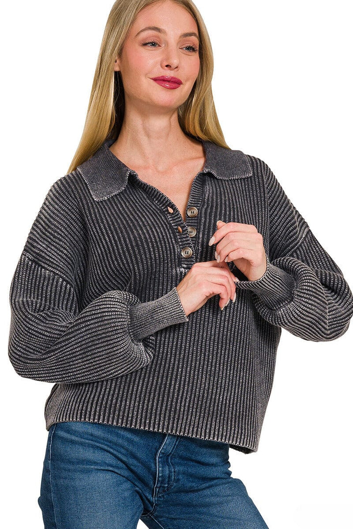 Zenana Washed Collared Henley Shirt Style Ribbed Sweater