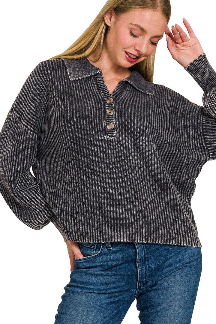 Zenana Washed Collared Henley Shirt Style Ribbed Sweater