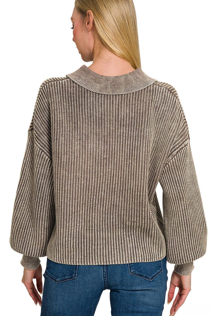 Zenana Washed Collared Henley Shirt Style Ribbed Sweater