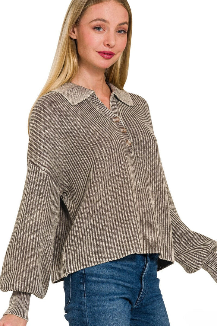 Zenana Washed Collared Henley Shirt Style Ribbed Sweater