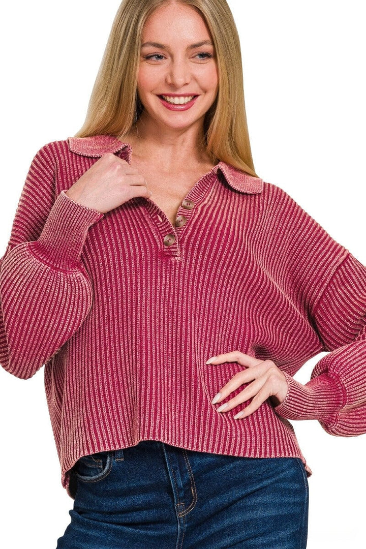 Zenana Washed Collared Henley Shirt Style Ribbed Sweater