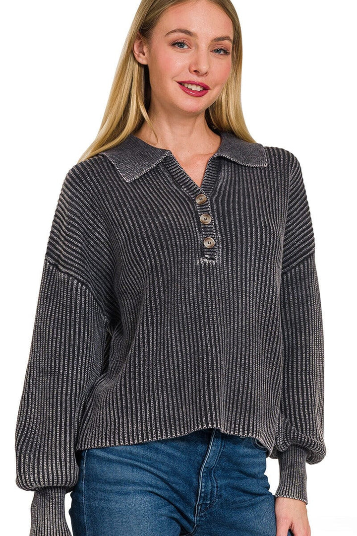 Zenana Washed Collared Henley Shirt Style Ribbed Sweater