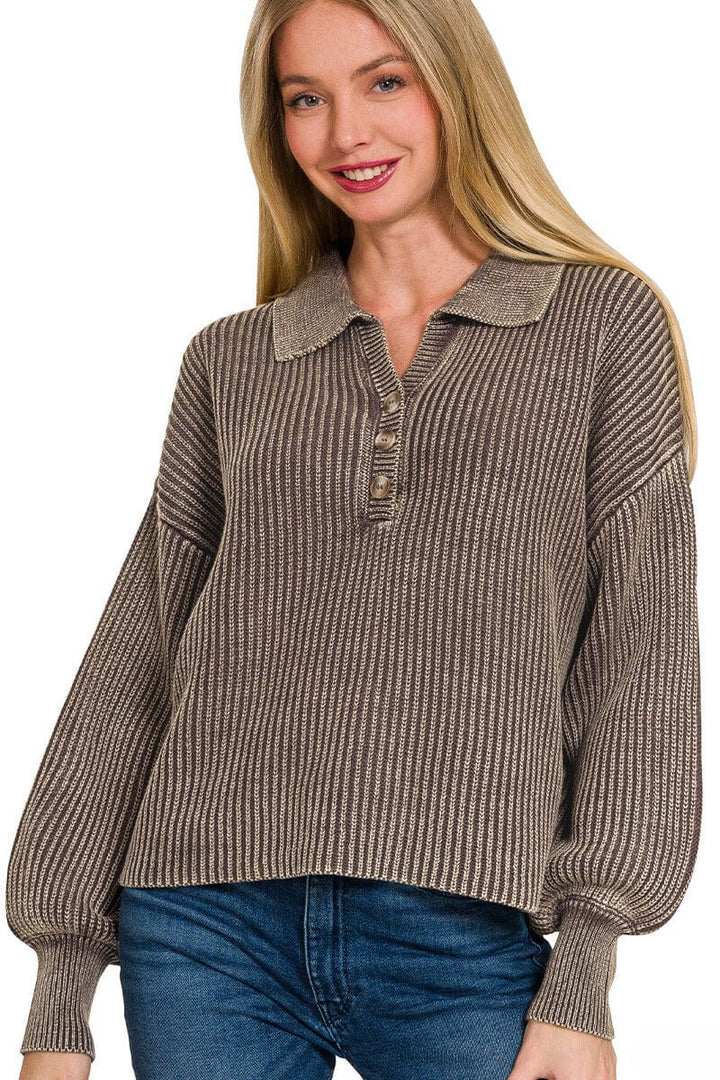 Zenana Washed Collared Henley Shirt Style Ribbed Sweater