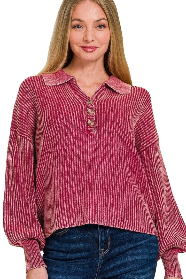 Zenana Washed Collared Henley Shirt Style Ribbed Sweater