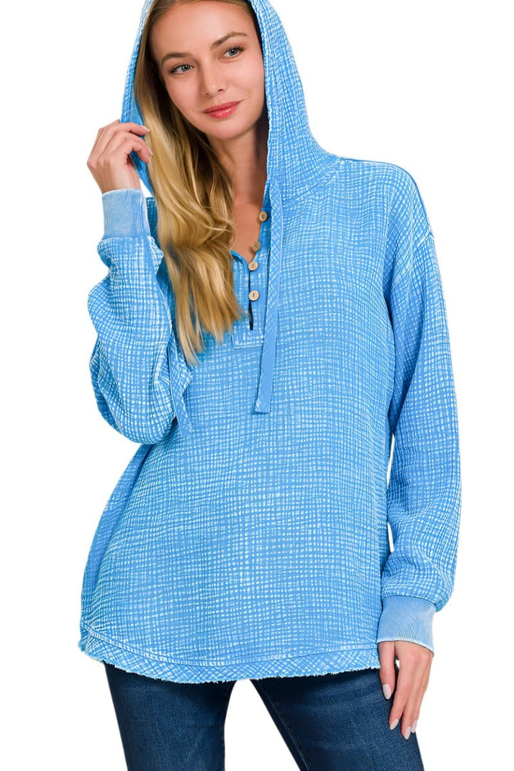 Zenana Washed Double Gauze Button Closure Hoodie