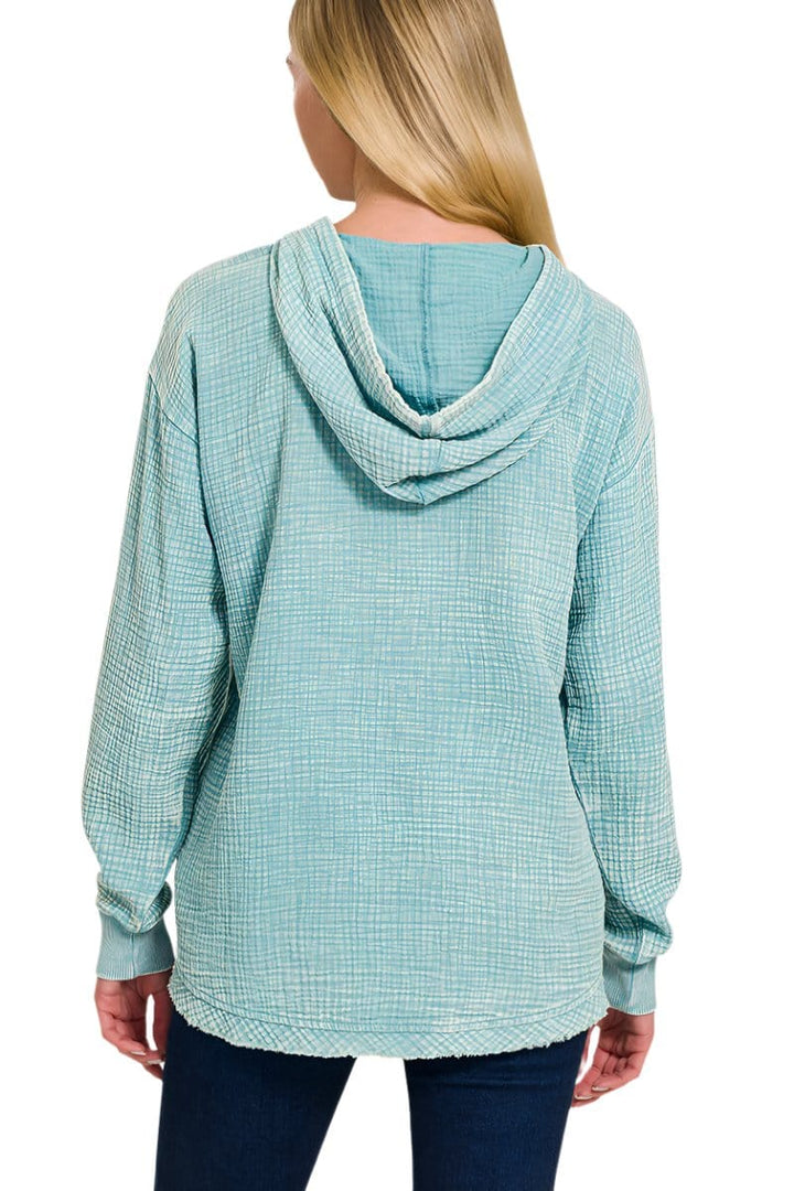 Zenana Washed Double Gauze Button Closure Hoodie