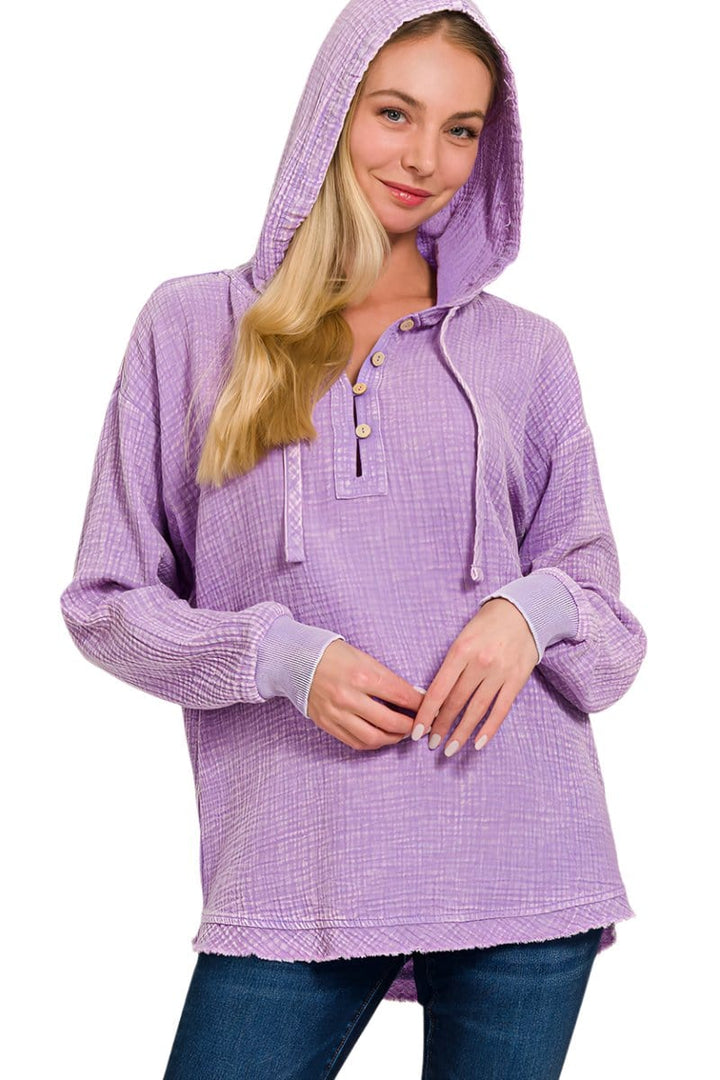 Zenana Washed Double Gauze Button Closure Hoodie