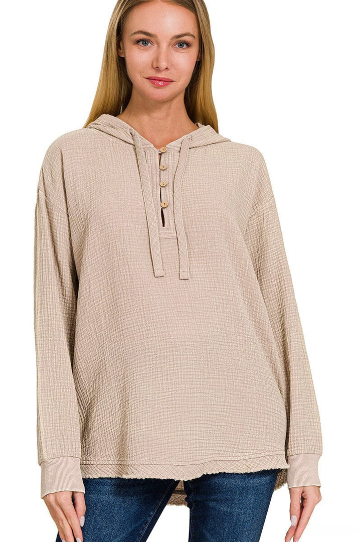 Zenana Washed Double Gauze Button Closure Hoodie