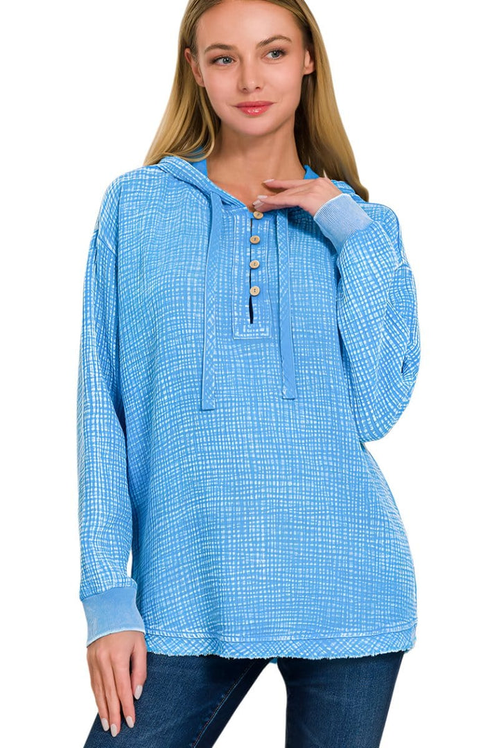 Zenana Washed Double Gauze Button Closure Hoodie