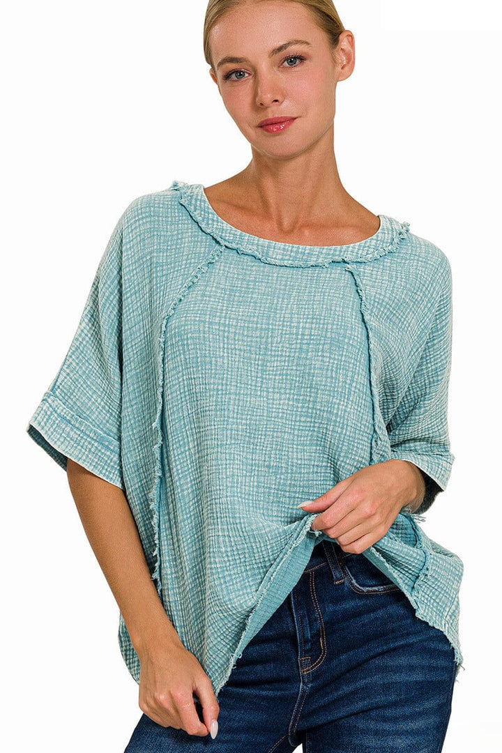 Zenana Washed Double Gauze Raglan Sleeve Shirt