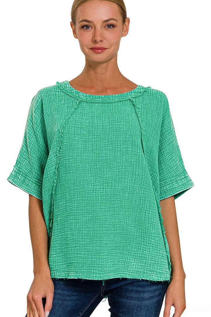 Zenana Washed Double Gauze Raglan Sleeve Shirt