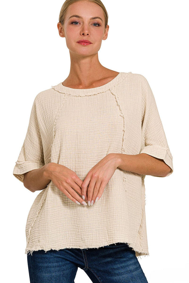 Zenana Washed Double Gauze Raglan Sleeve Shirt