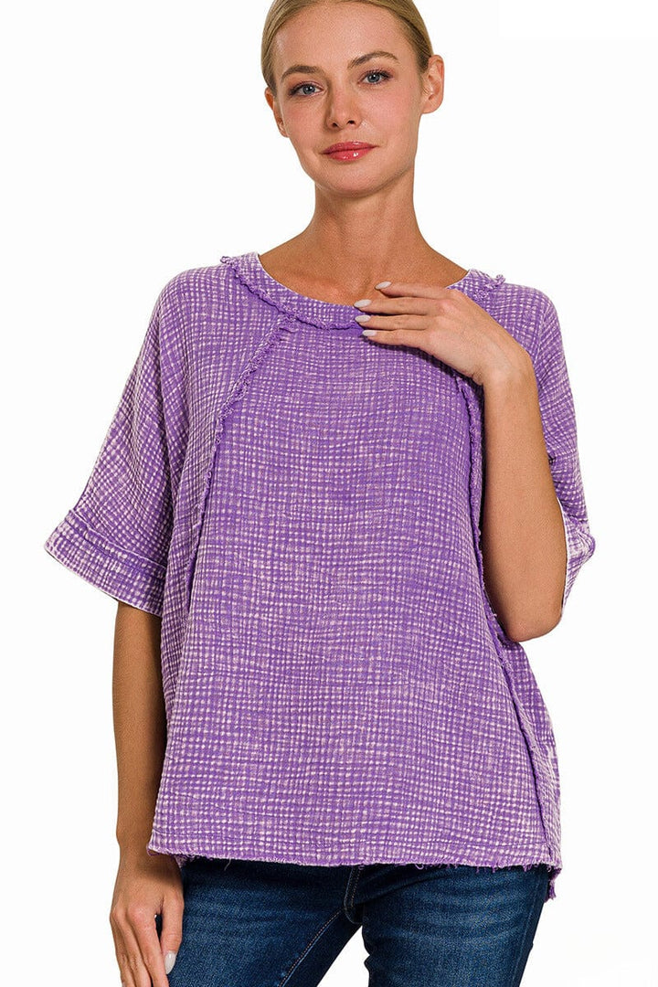 Zenana Washed Double Gauze Raglan Sleeve Shirt