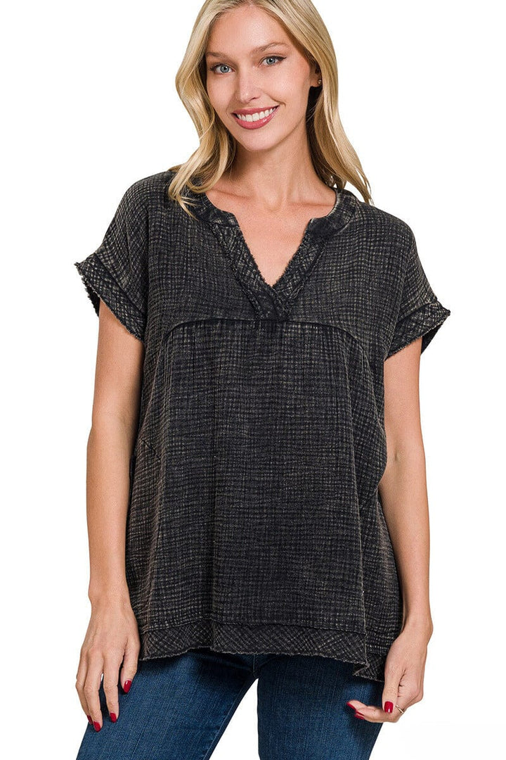 Zenana Washed Double Gauze Raw Edge Short Sleeve Shirt