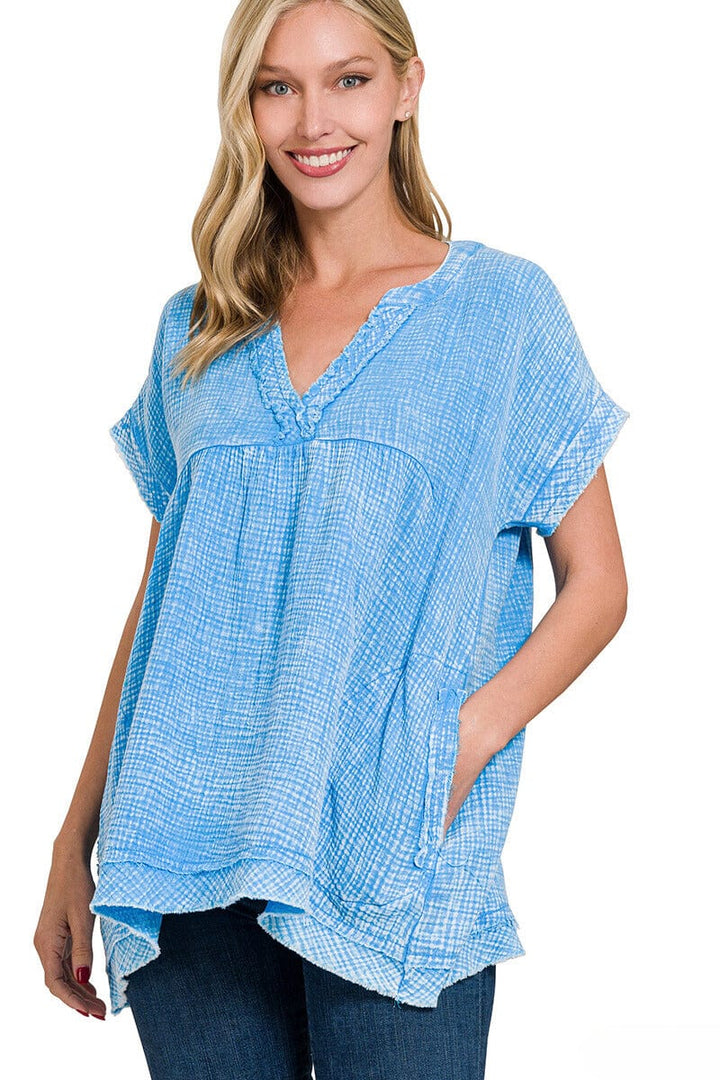 Zenana Washed Double Gauze Raw Edge Short Sleeve Shirt