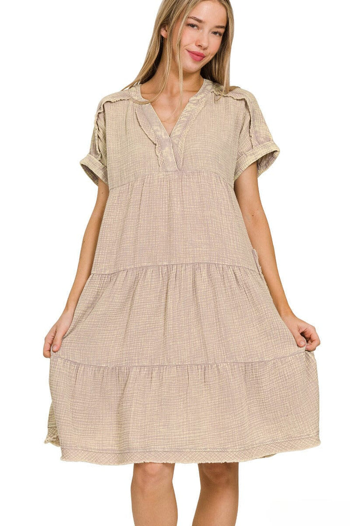 Zenana Washed Double Gauze Raw Edge V-Neck Dress