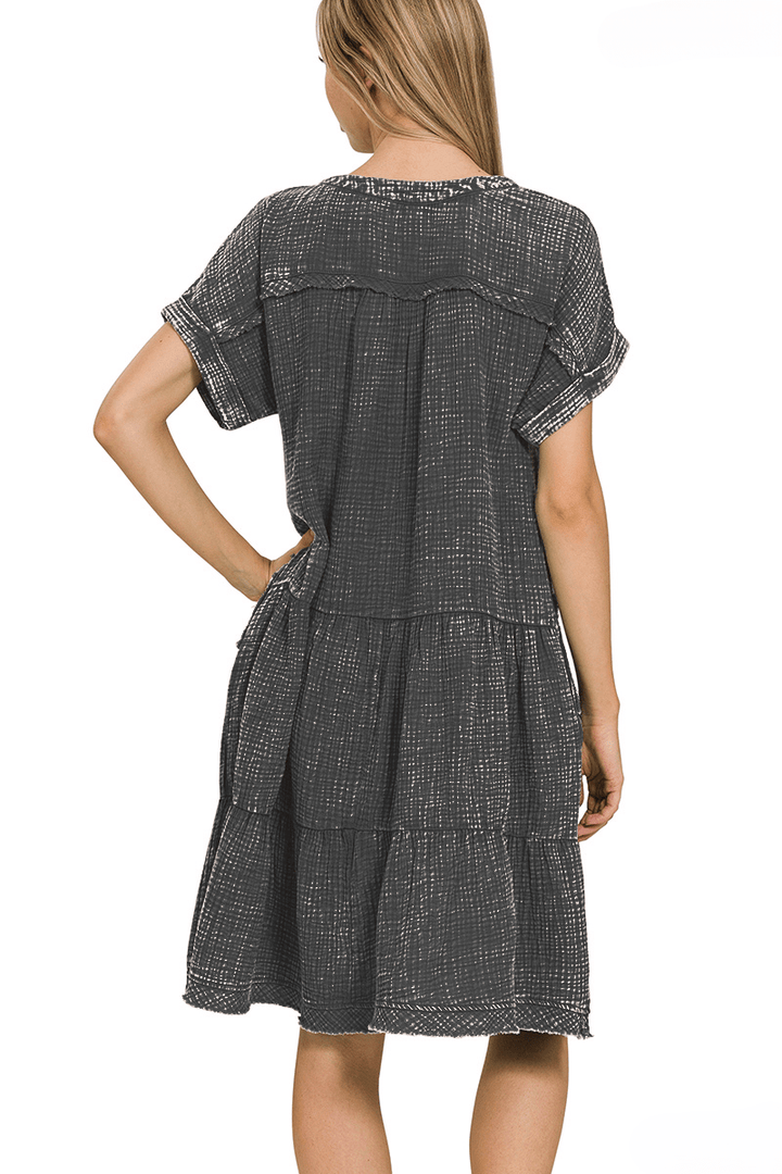 Zenana Washed Double Gauze Raw Edge V-Neck Dress