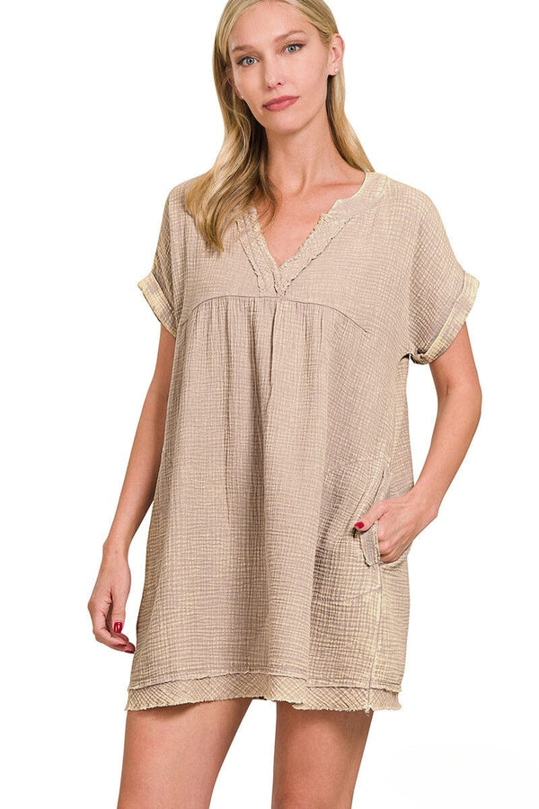 Zenana Washed Double Gauze Raw Edge V-Neck Dress