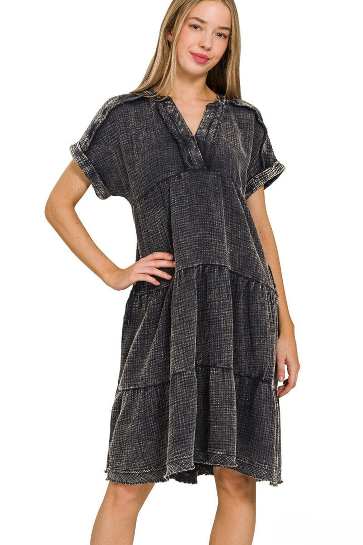 Zenana Washed Double Gauze Raw Edge V-Neck Dress