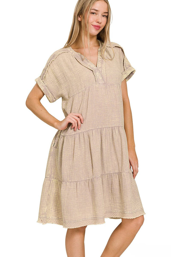 Zenana Washed Double Gauze Raw Edge V-Neck Dress