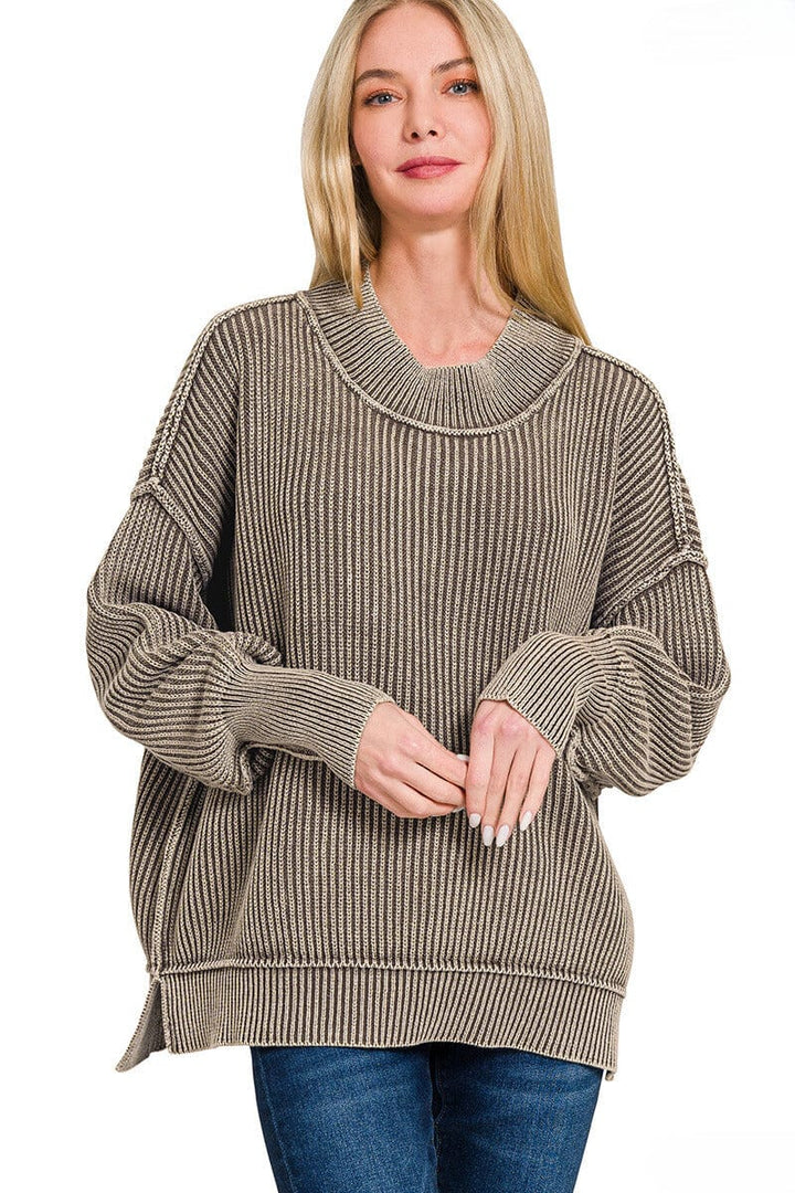 Zenana Washed Full Length Side Slit Oversized Sweater