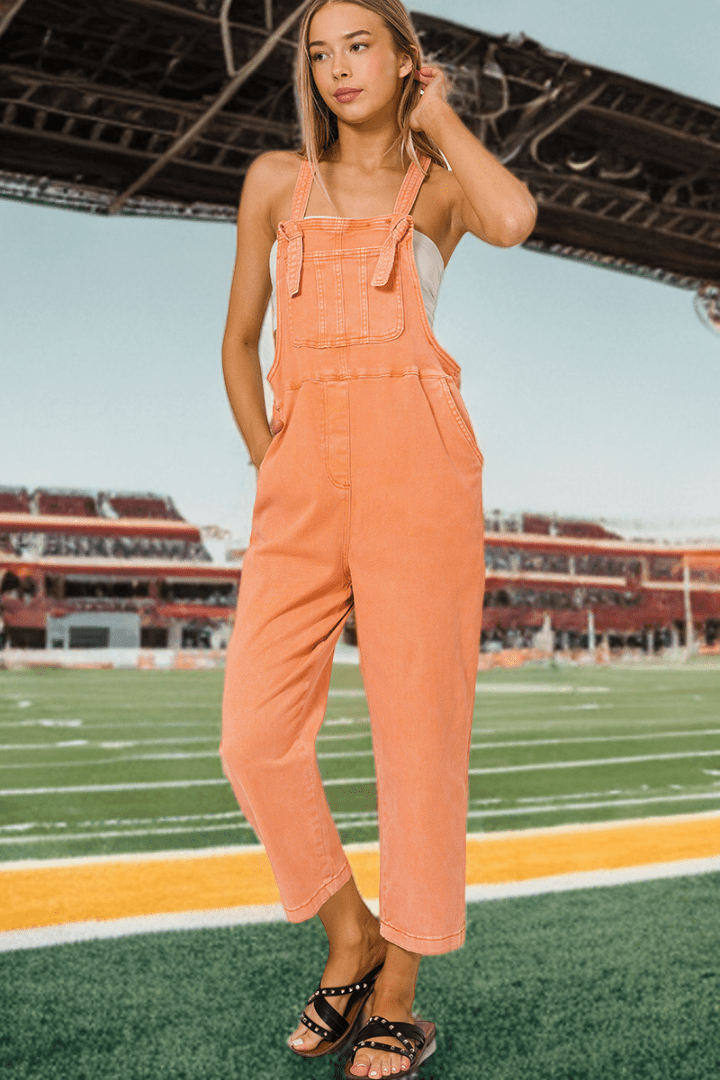 Zenana Washed Knot Strap Relaxed Fit Overalls