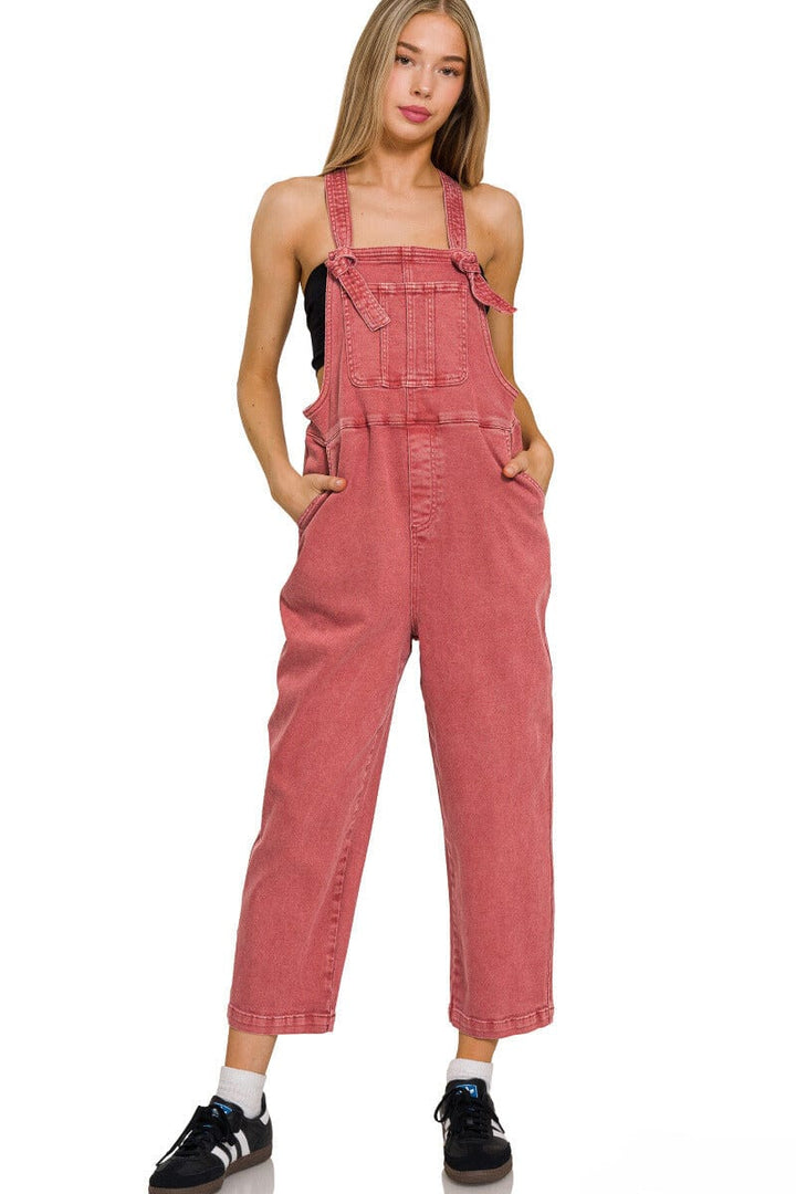 Zenana Washed Knot Strap Relaxed Fit Overalls