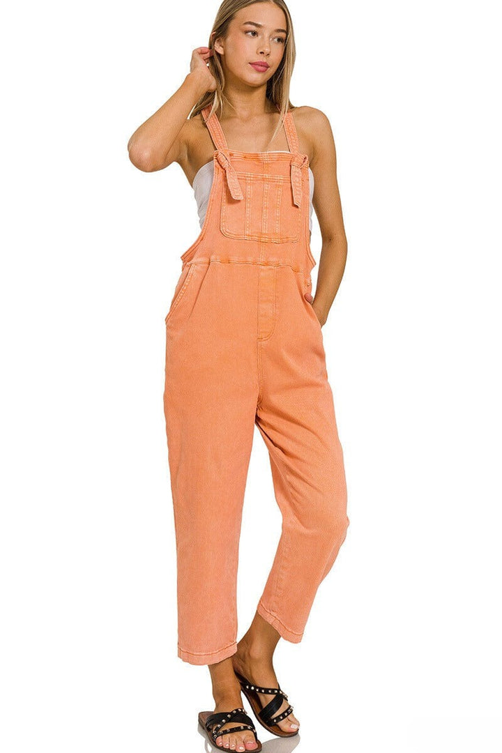 Zenana Washed Knot Strap Relaxed Fit Overalls