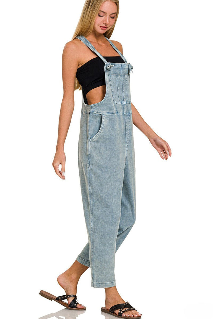 Zenana Washed Knot Strap Relaxed Fit Overalls