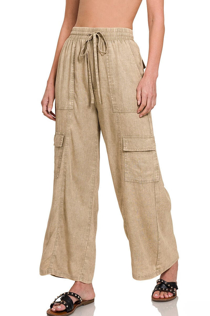 Zenana Washed Linen Elastic Band Waist Cargo Pants