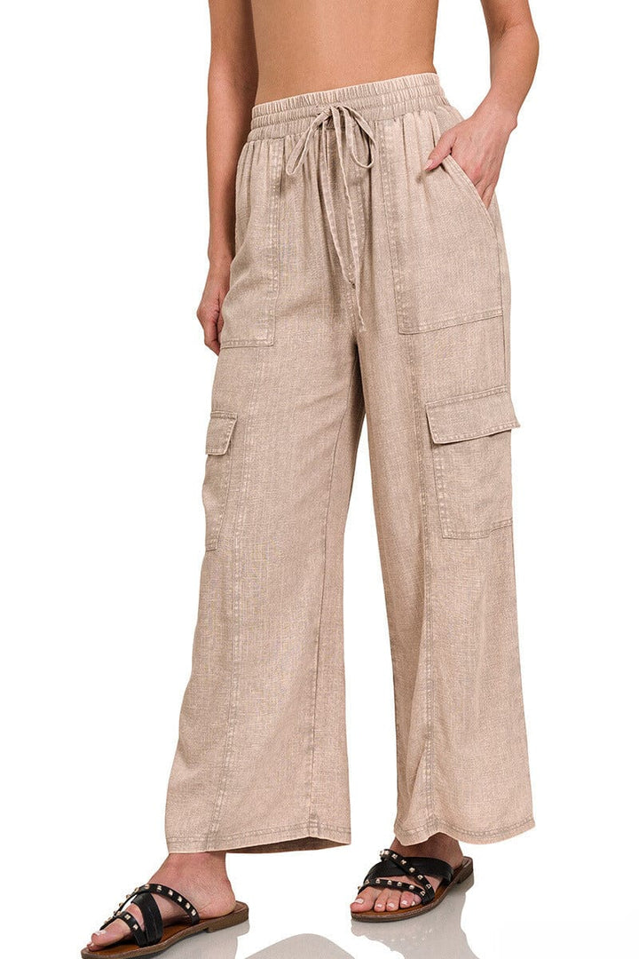 Zenana Washed Linen Elastic Band Waist Cargo Pants