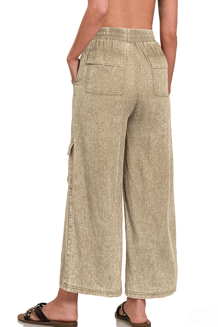 Zenana Washed Linen Elastic Band Waist Cargo Pants