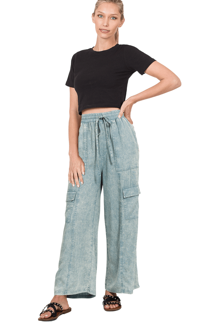 Zenana Washed Linen Elastic Band Waist Cargo Pants