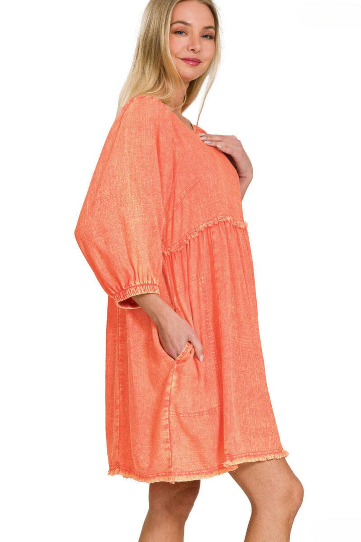 Zenana Washed Linen Pleated Puff Sleeve Babydoll Dress