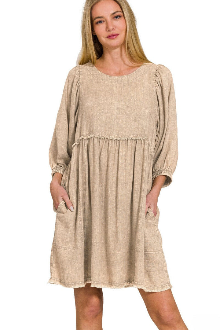 Zenana Washed Linen Pleated Puff Sleeve Babydoll Dress