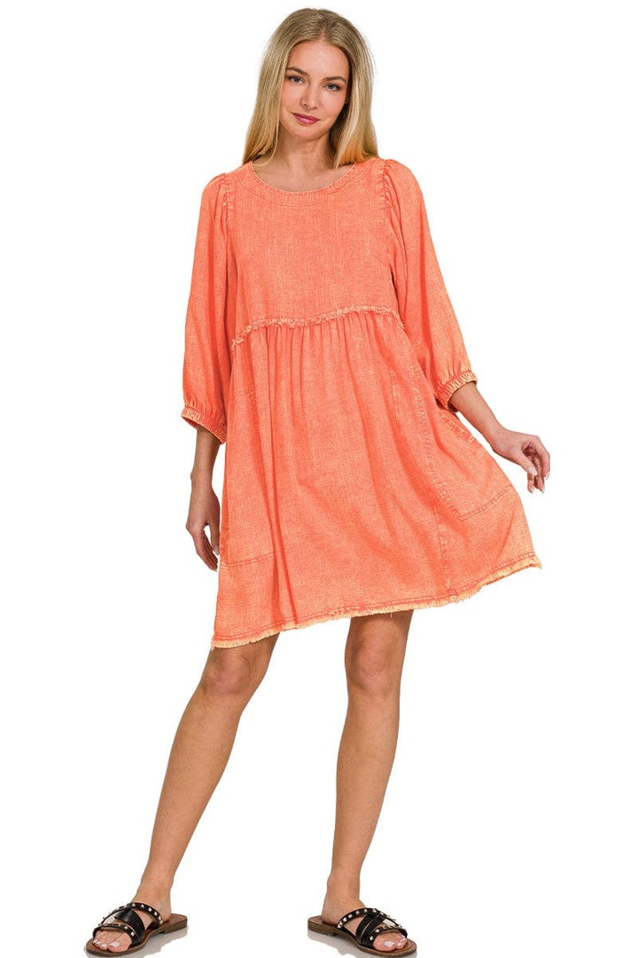 Zenana Washed Linen Pleated Puff Sleeve Babydoll Dress