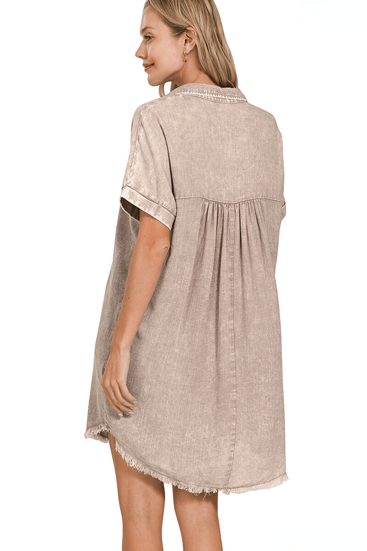 Zenana Washed Linen Raw Edge V-Neck Dress