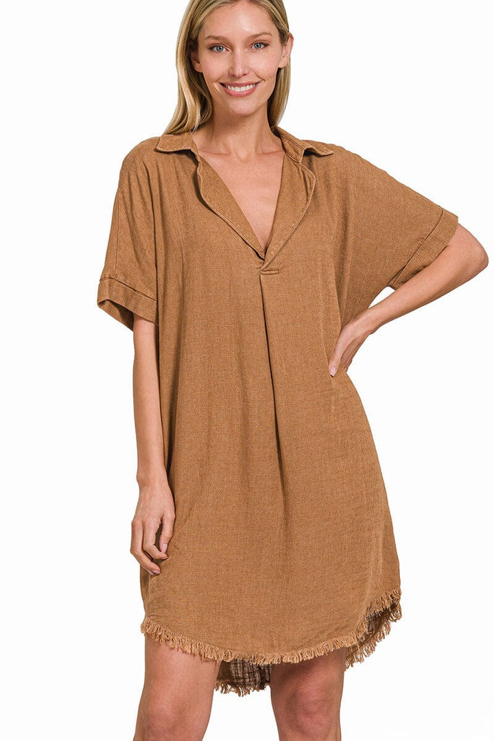 Zenana Washed Linen Raw Edge V-Neck Dress