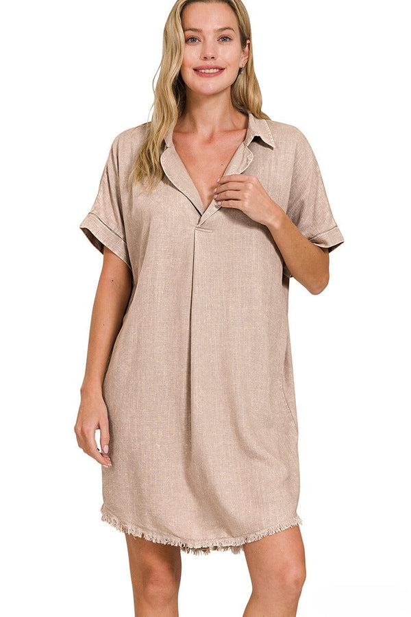 Zenana Washed Linen Raw Edge V-Neck Dress