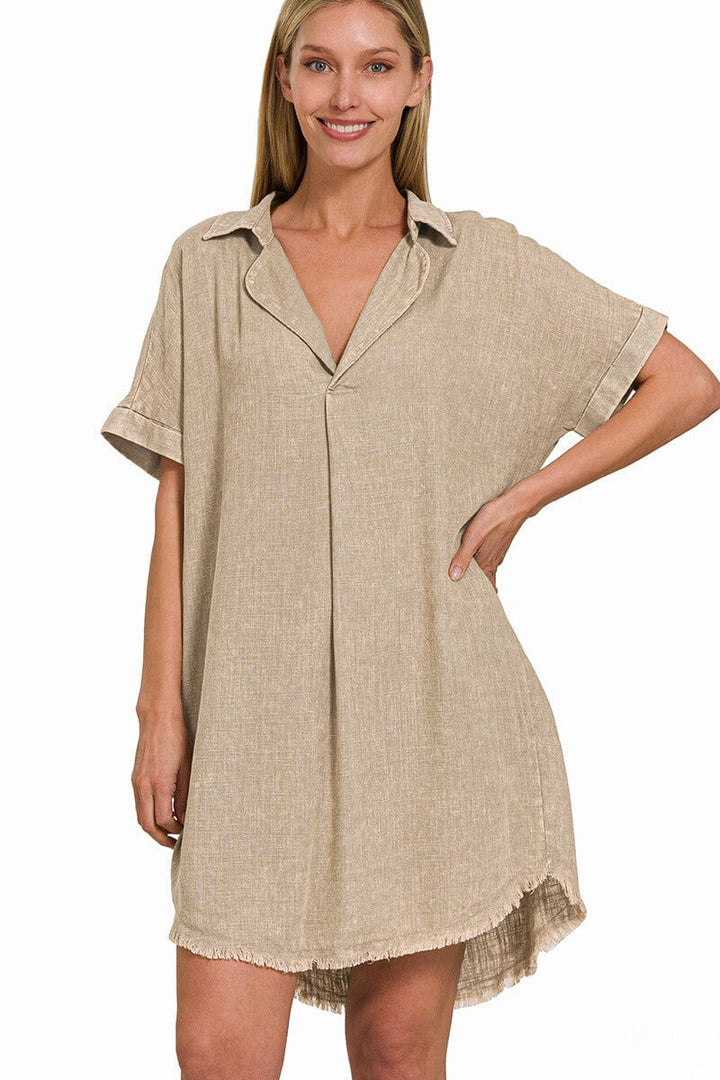 Zenana Washed Linen Raw Edge V-Neck Dress