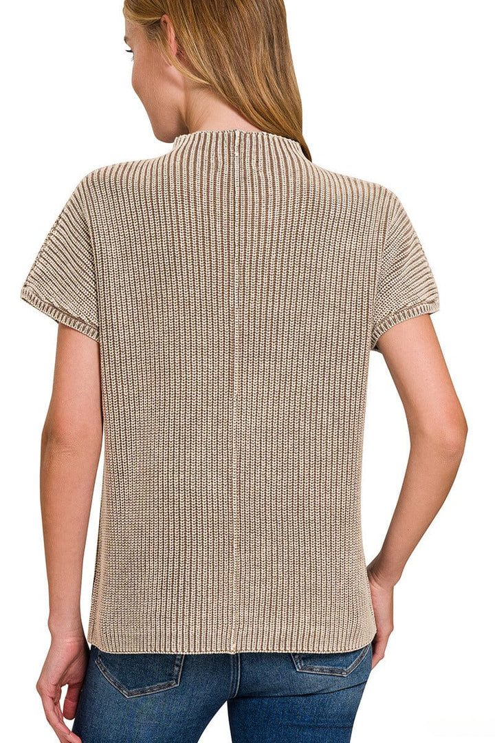 Zenana Washed Mock Neck Short Sleeve Front Pocket Sweater