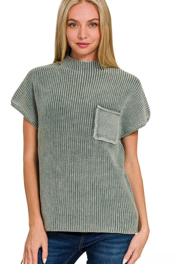 Zenana Washed Mock Neck Short Sleeve Front Pocket Sweater