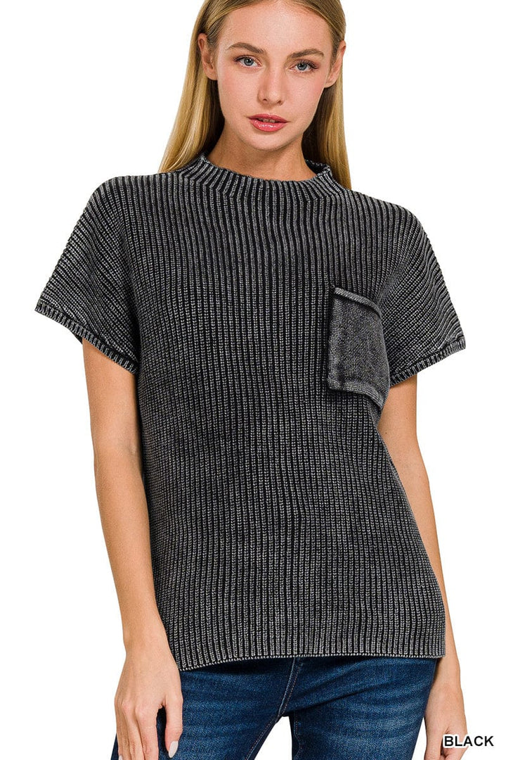 Zenana Washed Mock Neck Short Sleeve Front Pocket Sweater