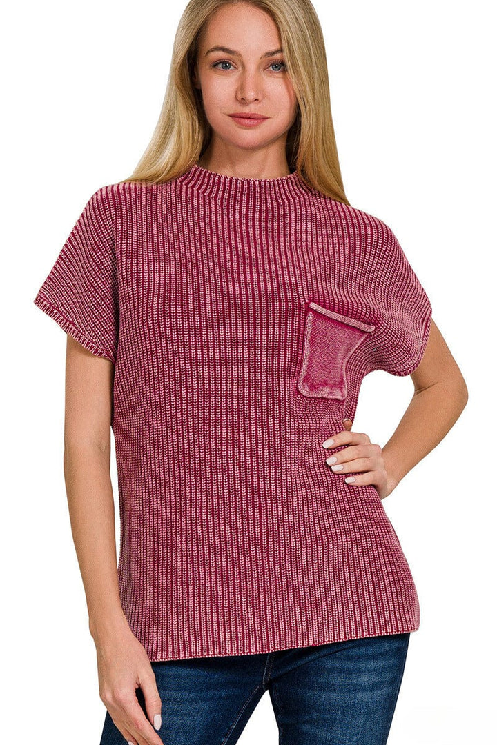 Zenana Washed Mock Neck Short Sleeve Front Pocket Sweater