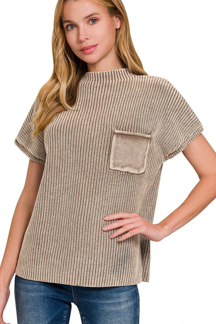 Zenana Washed Mock Neck Short Sleeve Front Pocket Sweater