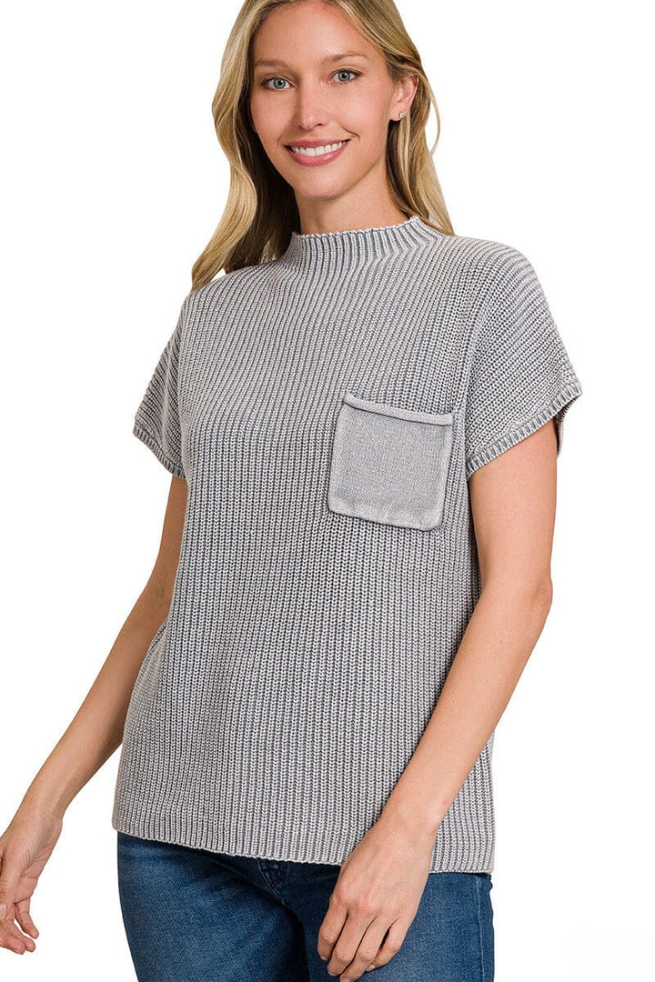 Zenana Washed Mock Neck Short Sleeve Front Pocket Sweater