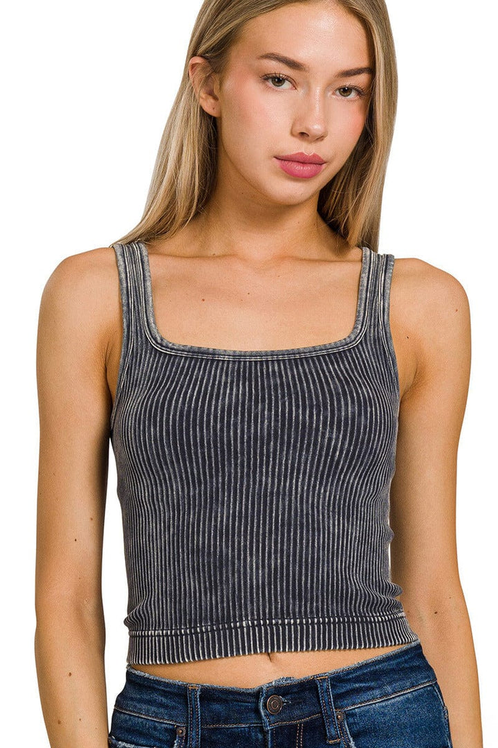 Zenana Washed Ribbed Cropped Tank Top with 2-Way Neckline