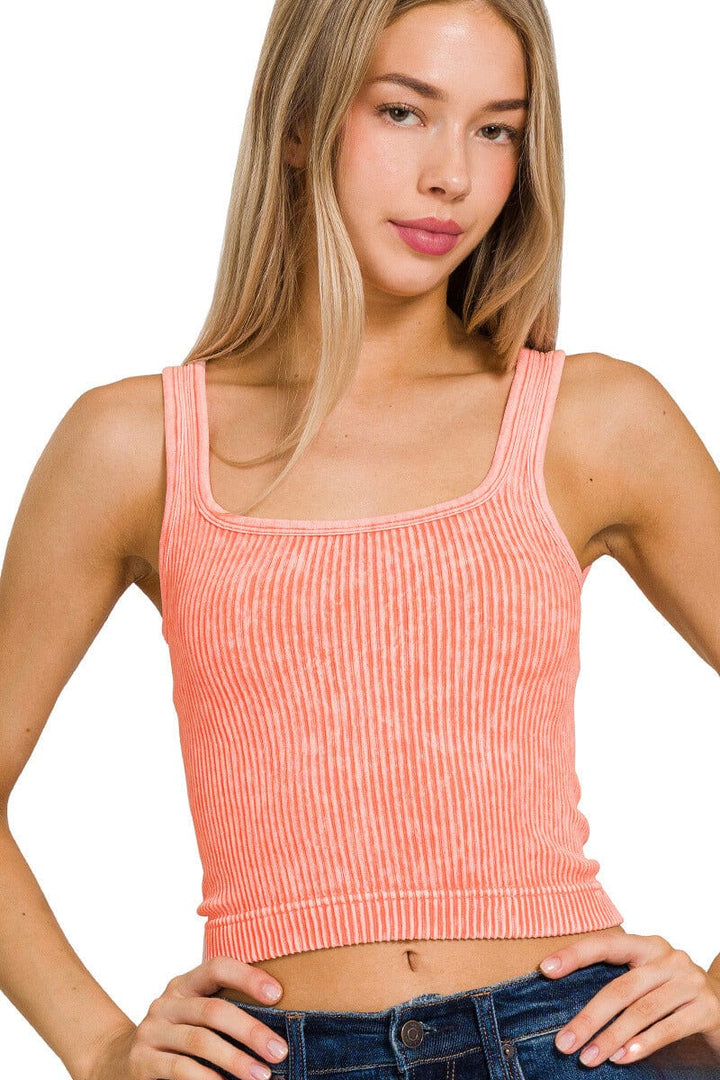 Zenana Washed Ribbed Cropped Tank Top with 2-Way Neckline