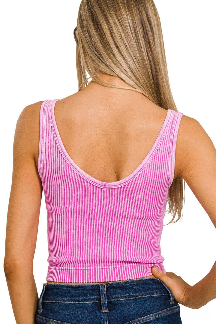 Zenana Washed Ribbed Cropped Tank Top with 2-Way Neckline